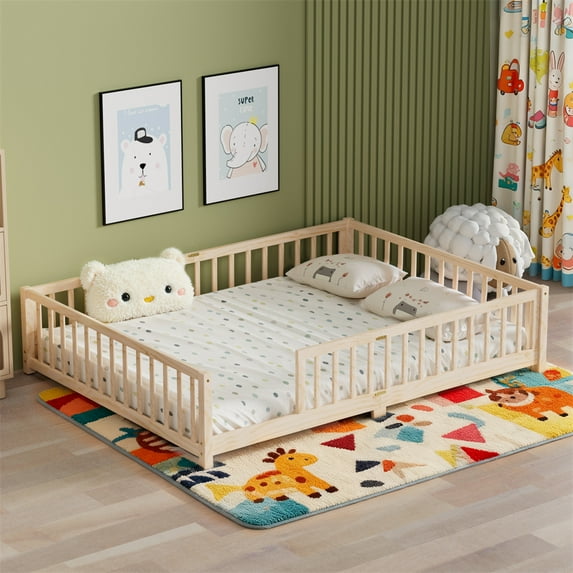 Queen Size Floor Bed,Pine Wood Montessori Floor Bed with Safety Guardrails and Reinforced Slats Support,Queen Size Bed Frame for Girls and Boys,No Box Spring Needed,Quick Assembly,Natural