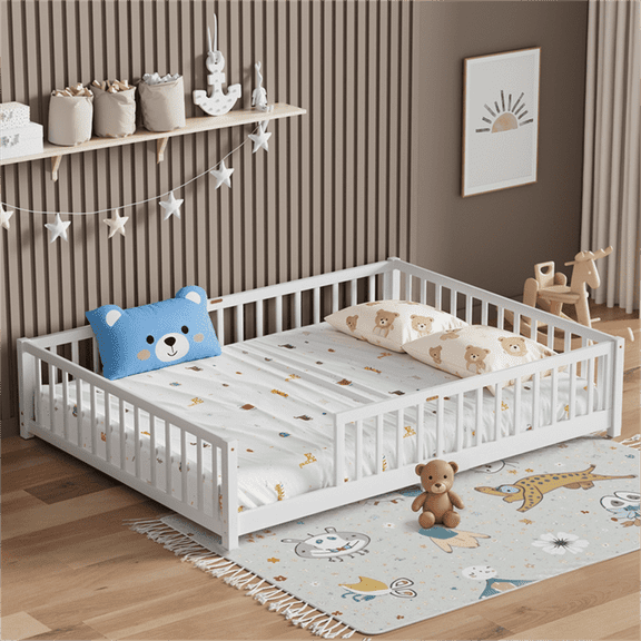 Queen Size Floor Bed,Pine Wood Montessori Floor Bed with Safety Guardrails and Reinforced Slats Support,Queen Size Bed Frame for Girls and Boys,No Box Spring Needed,Quick Assembly,White