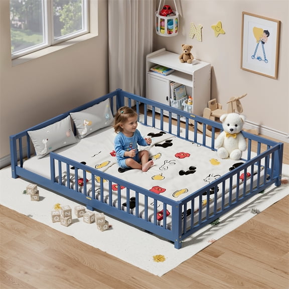 Queen Size Floor Bed,Pine Wood Montessori Floor Bed with Safety Guardrails and Reinforced Slats Support,Queen Size Bed Frame for Girls and Boys,No Box Spring Needed,Quick Assembly,Blue