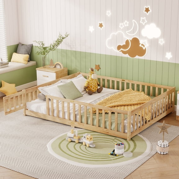 Queen Size Floor Bed with Safety Fence, Low Profile Platform Bed with Door and Guardrails, Natural Rubber Wood Floor Bed Frame, Modern Low Height Bed Frame