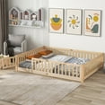 thumbnail image 1 of Queen Size Floor Bed, Solid Wood Platform Bed Frame with Fence Guardrails and Fun Small Door, Multifunctional Montessori Bed with Slats Support for Boys Girls, No Box Spring Needed, Natural, 1 of 7