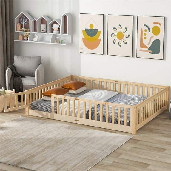 Queen Size Floor Bed, Solid Wood Platform Bed Frame with Fence Guardrails and Fun Small Door, Multifunctional Montessori Bed with Slats Support for Boys Girls, No Box Spring Needed, Natural