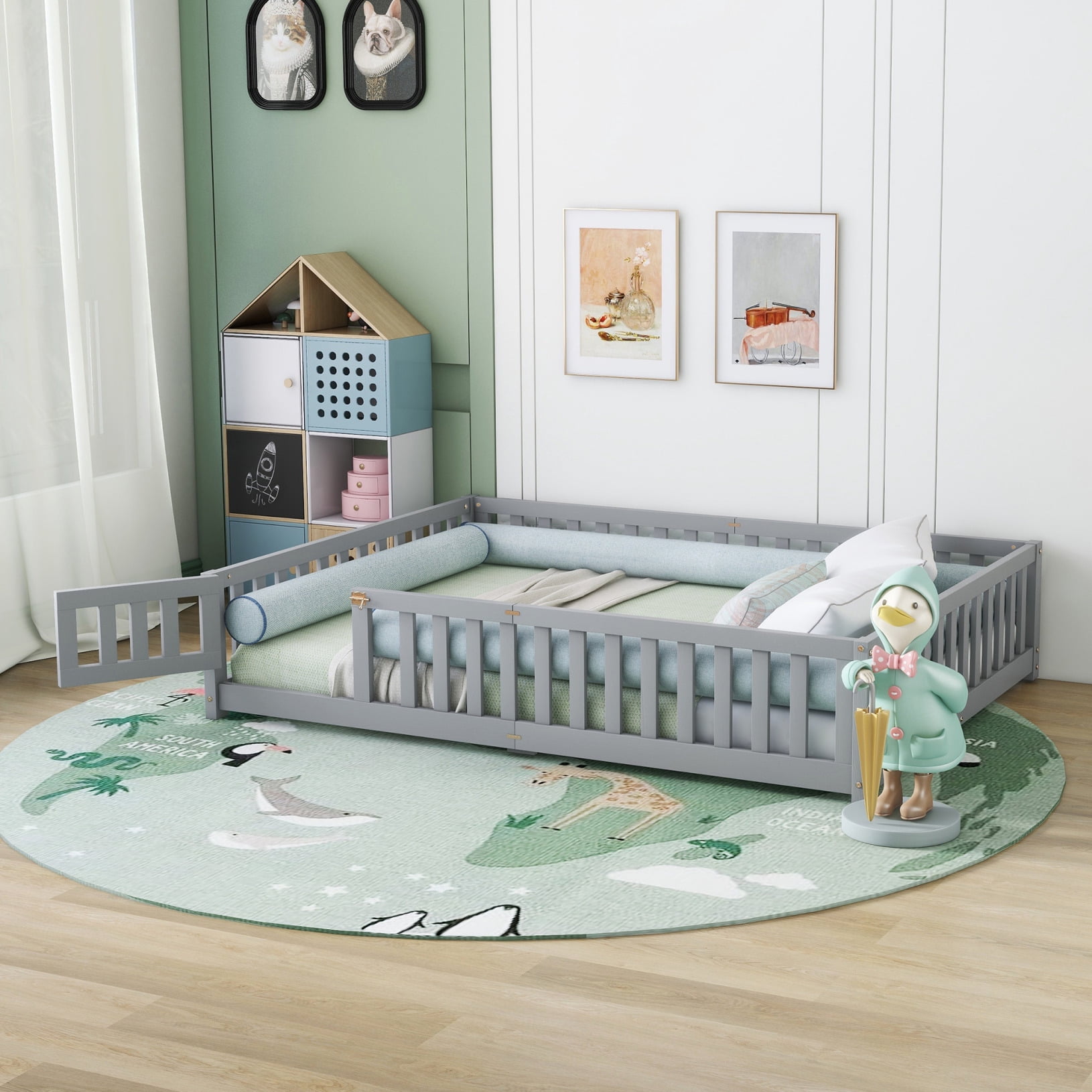 Premium Queen Size Floor Bed with Safety Guardrails for Kids - White