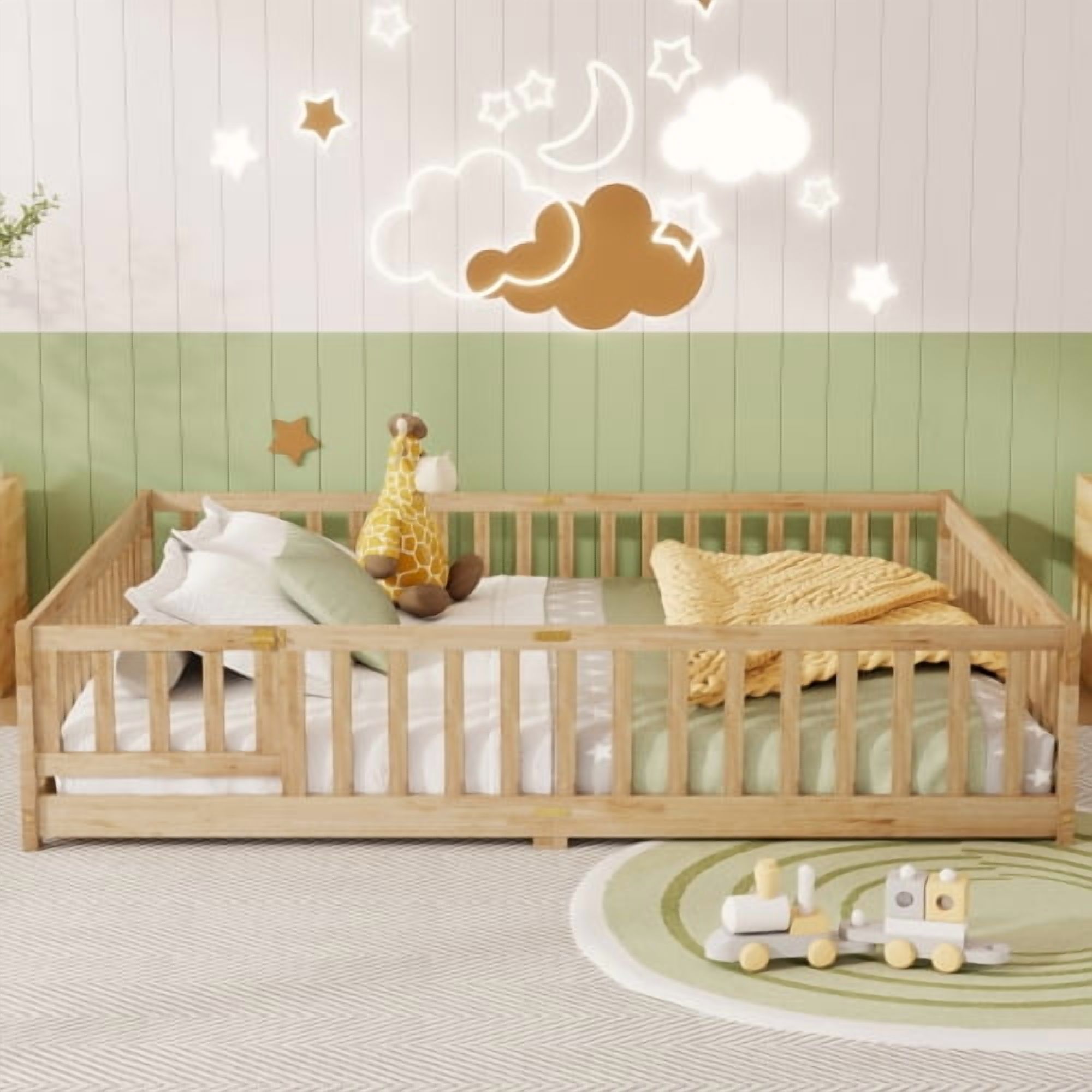 Queen Size Floor Bed with Fence,Door,Rubber Wood Floor Bed with Safety Guardrails,Natural (Old Sku W504P286389)