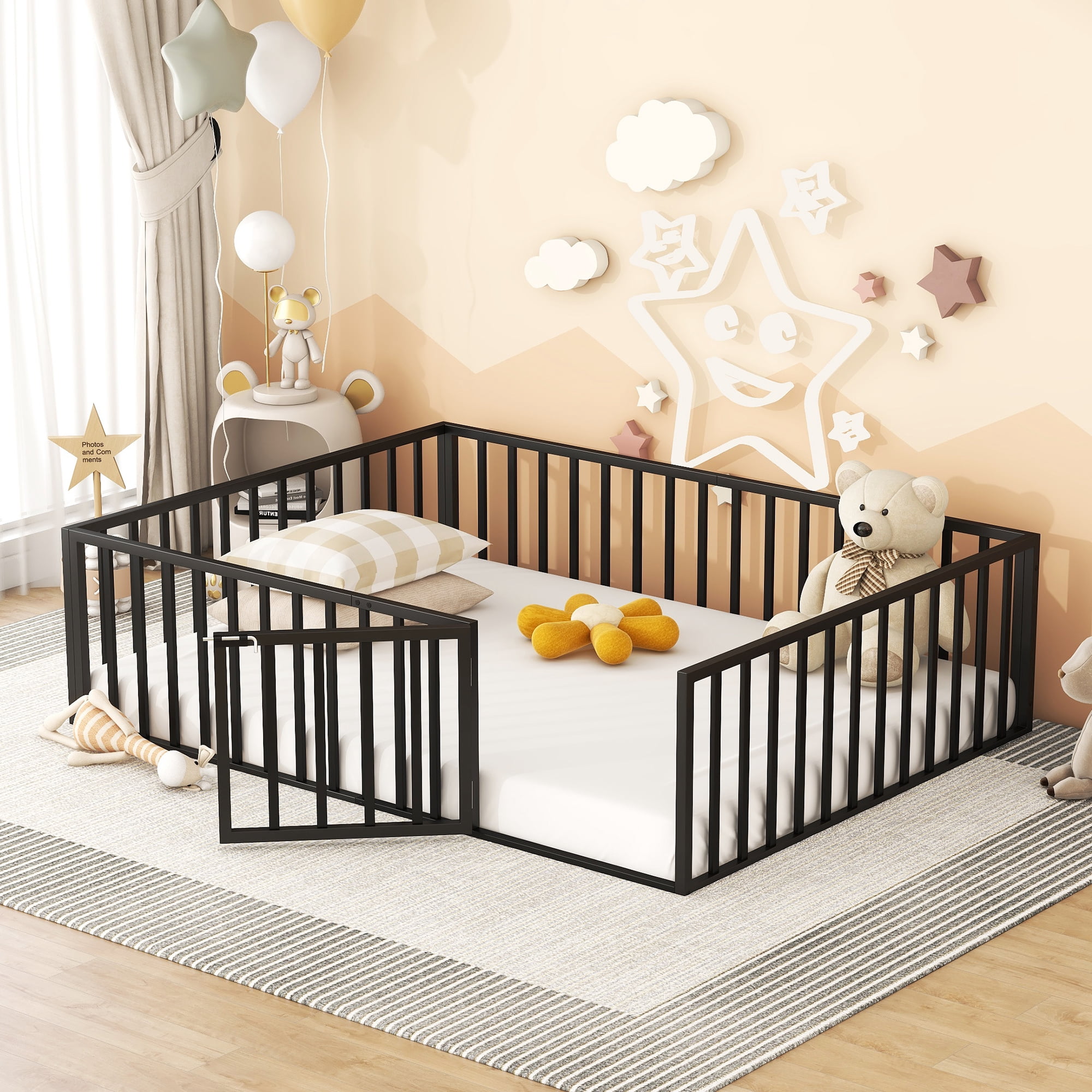 Queen Size Floor Bed with Fence and Door, Low Profile Metal Montessori Bed Frame with Slats Supports,Easy Assembly, No Box Spring Needed,Black