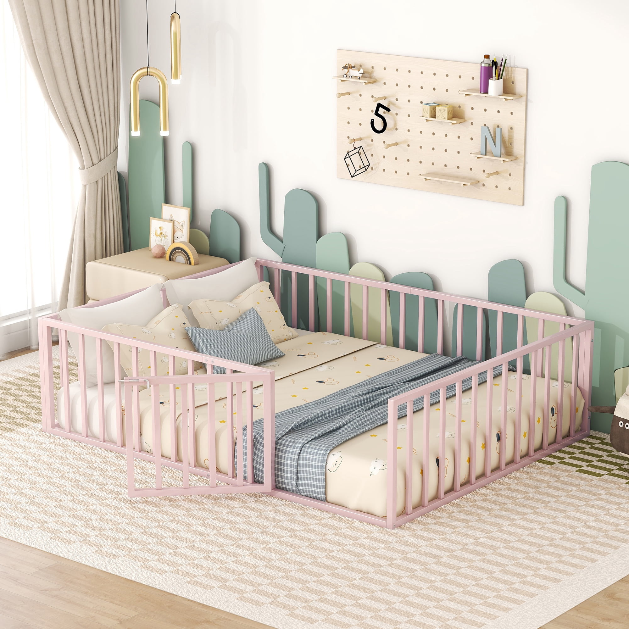 Queen Size Floor Bed with Fence and Door, Low Profile Metal Montessori Bed Frame with Slats Supports,Easy Assembly, No Box Spring Needed,Pink
