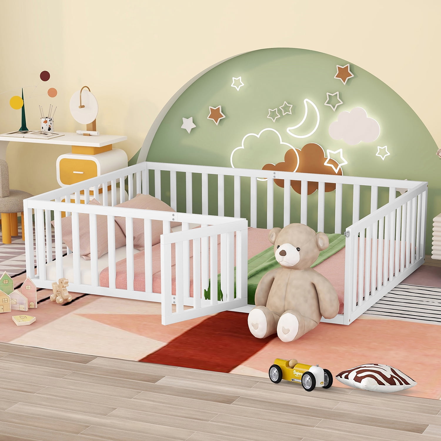 Queen Size Floor Bed with Fence and Door Platform Bed Frame with Safety Guardrails and Wood