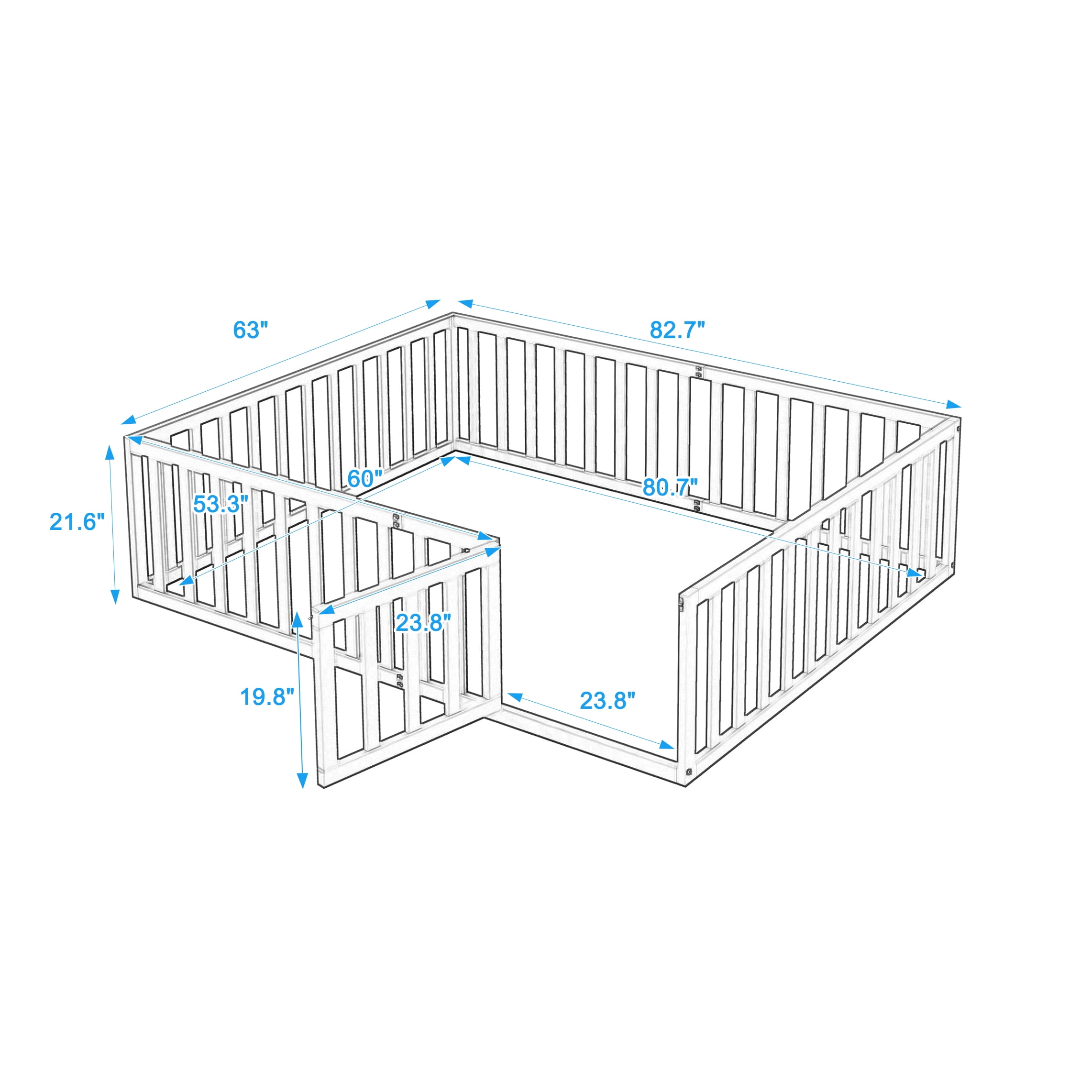 Queen Size Floor Bed with Fenceshaped Guardrail and Closable Door