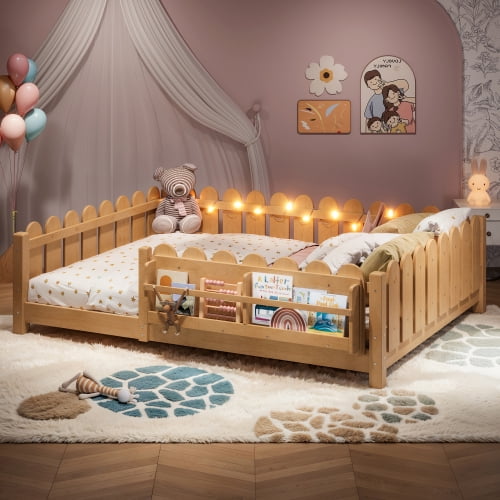 Queen Size Floor Bed with Guardrail and Bookshelf, Montessori Bed with Led Lights, Childlike and Farm Style Design, Natural