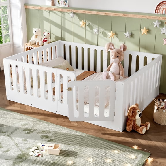 Queen Size Floor Bed with High Fence, Solid Wood Montessori Bed with Door, Low-Profile Platform Bed, No Box Spring Needed, White