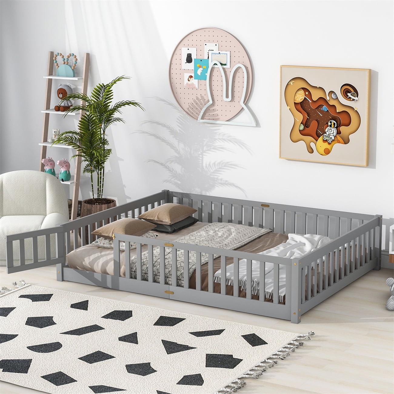 Queen Size Floor Platform Bed, Montessori Bed Frame with FenceShaped