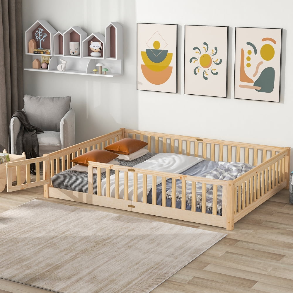 Queen Size Floor Platform Bed with Safety Fence Guardrails and Door, Durable Montessori Floor Bed with with Wood Slats, Floor Height Queen Bed Frame for Kids Boys Girls and Teens, Natural