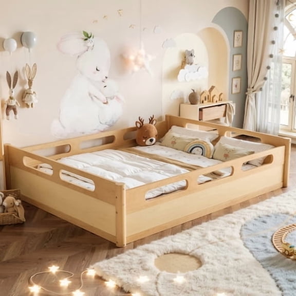 Queen Size Floor Platform Bed with Full-length Guardrails, Low Profile Queen Bed Frame No Box Spring Needed for Bedroom, Natural