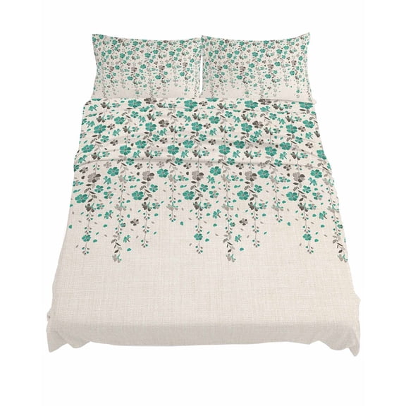 Queen Size Flower Teal Sheet Sets Grey Cherry Blossoms Cotton Linen Background Soft Breathable Microfiber Bed Sheets Deep Pockets 4 Piece Bed Sheets Set, 1 Fitted Sheet, 1 Flat Sheet & 2 Pillowcases