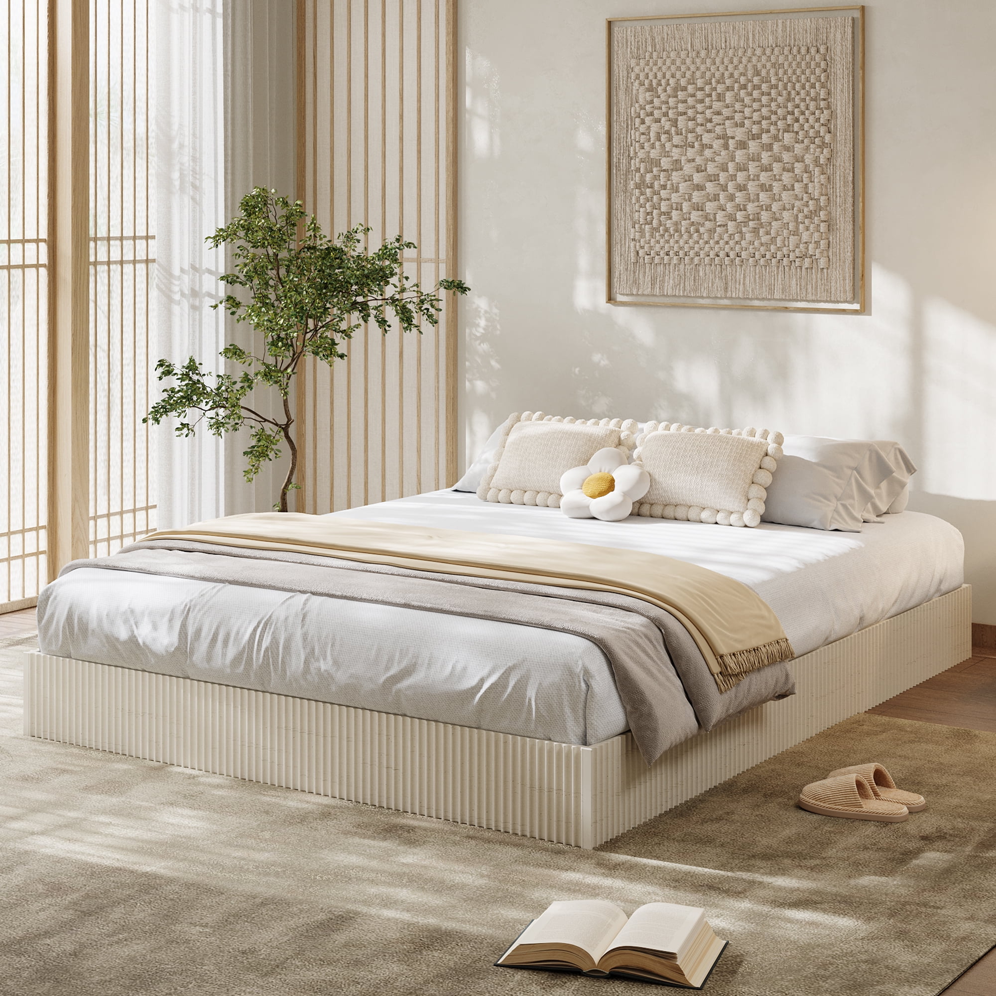 Queen Size Fluted Bed Frame,Wood Platform Bed Frame with Minimalist Bed Base,Low Profile Design,No Headboard,Noise-Free, Easy Assembly, No Box Spring Needed