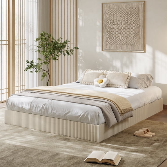 Queen Size Fluted Bed Frame,Wood Platform Bed Frame with Minimalist Bed Base,Low Profile Design,No Headboard,Noise-Free, Easy Assembly, No Box Spring Needed