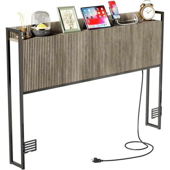Queen Size Fluted Headboard Only with Outlets, Wall Mount Wood Headboard with Storage, Height Adjustable, Storage Rack, Sturdy and Stable, Easy Assembly(Grey, Queen)