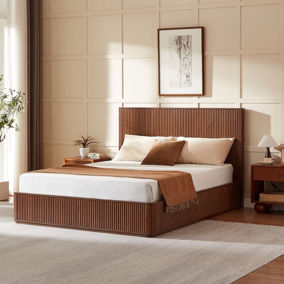 Queen Size Fluted Platform Bed Frame, Mid-Century Modern Wood Bed Frame with Tall Vertical Groove Headboard and Rounded Footboard Corners, Low Profile Minimalist Bed Holds 1000 Lbs for Bedroom