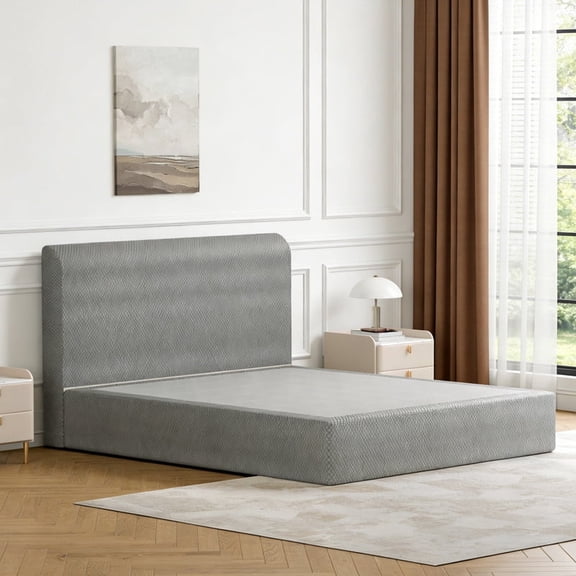 Queen Size All Foam Platform Bed Frame, Upholstered Low Profile Bed Base with High Resilience Foam Headboard, Noise-Free No Box Spring Needed, No Assembly Required, Light Gray