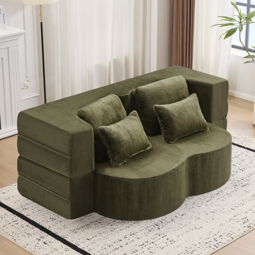 Queen Size Foldable Sofa Bed, Plush Futon Convertible Sleeper with High-Density Foam, Folding Floor Couch for Living Room Guest Room, Green