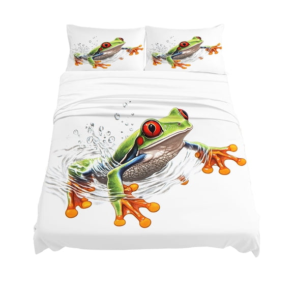 Queen Size Frog Sheet Sets Watercolor Frog Water Surface Hand-painted Soft Breathable Microfiber Bed Sheets Deep Pockets 4 Piece Bed Sheets Set, 1 Fitted Sheet, 1 Flat Sheet & 2 Pillowcases
