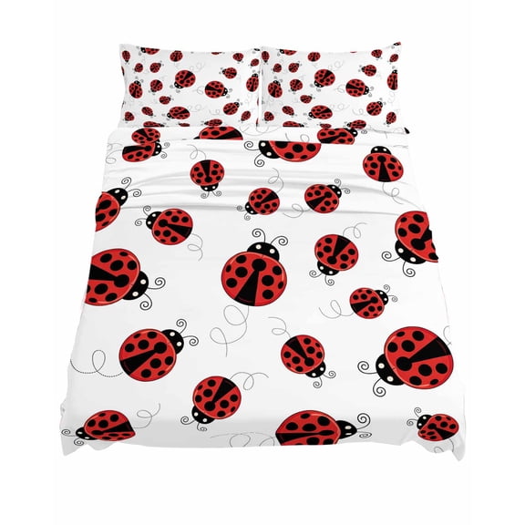 Queen Size Fun Ladybug Sheet Sets Black Dot Reptile Pattern Abstract Art Soft Breathable Microfiber Bed Sheets Deep Pockets 4 Piece Bed Sheets Set, 1 Fitted Sheet, 1 Flat Sheet & 2 Pillowcases
