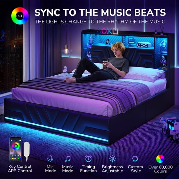 Queen Size Gaming Bed Frame with 2 Storage Drawers, LED Lights & Charging Station, Esports-Style Upholstered Platform Queen Beds with Bookcase Headboard, No Box Spring Needed, Black