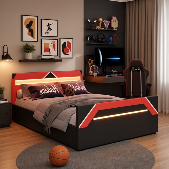 Queen Size Gaming Bed with 7-Color LED Headboard and Side-Lift Hydraulic Storage, Cyberpunk Style Platform Frame with Geometric Pattern,Black+Red