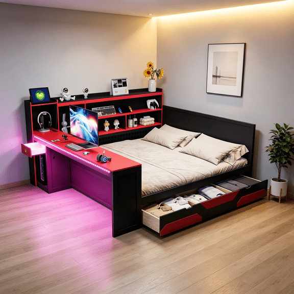 Queen Size Gaming Bed with Built-in Desk, LED Lights, Storage Drawers, Charging Station & Bookcase Headboard, Modern Black and Red Wooden Bed Frame