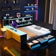 thumbnail image 1 of Queen Size Gaming Daybed with Integrated Desk and Lights, Modern Wooden Bed Frame with 3 Storage Drawers and Built-in Charging Station, Multi-Functional Headboard Bookcase, Black+Blue, 1 of 5