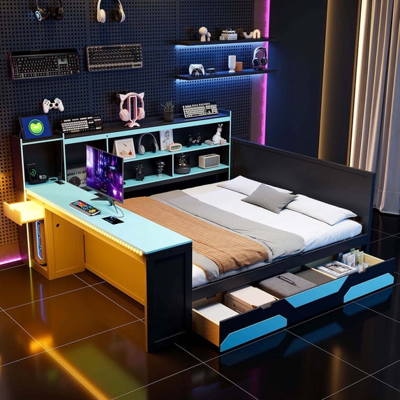 Queen Size Gaming Daybed with Integrated Desk and Lights, Modern Wooden Bed Frame with 3 Storage Drawers and Built-in Charging Station, Multi-Functional Headboard Bookcase, Black+Blue