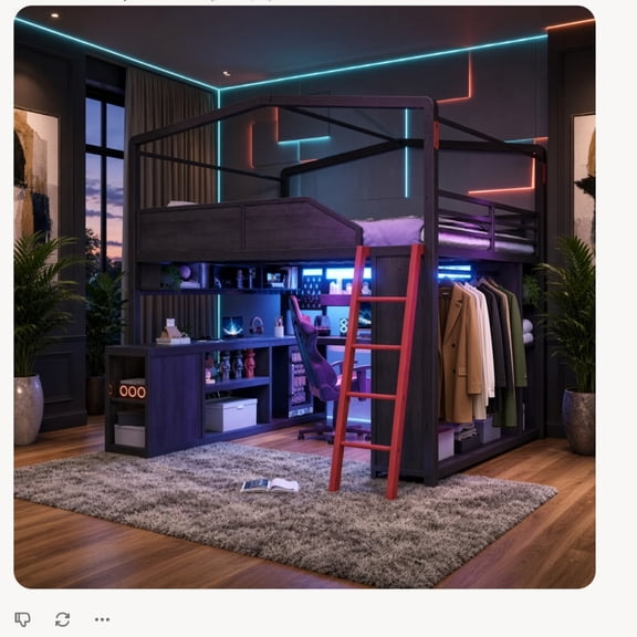 Queen Size Gaming Loft Bed with Desk & LED Lights, Metal Loft Bed Frame with USB Ports, House Design Storage Closet & Pegboard Shelf, Space-Saving for Bedroom Dorm, Black