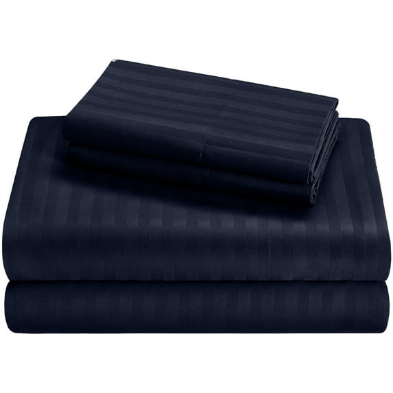 Queen Size Giza Striped Pattern Sheets - Premium 400-Thread-Count Soft 100% Pure Giza Egyptian Cotton 4PC, 15" Inches Deep Pockets - Navy Blue Stripe