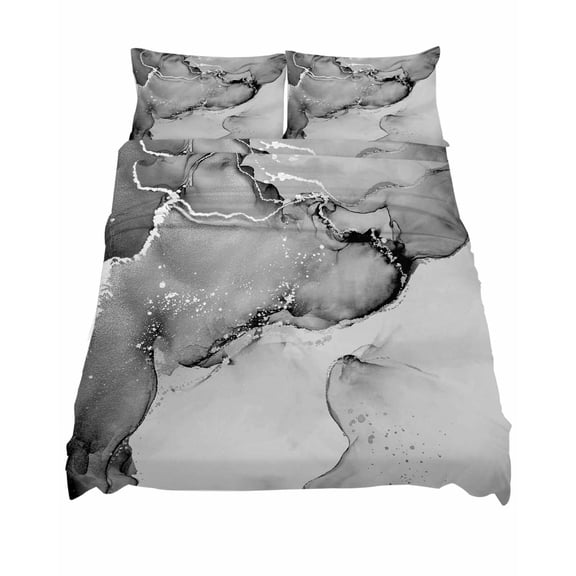 Queen Size Gray Abstract Sheet Sets Silver Marble Ripples Clouds Luxury Fluid Art Soft Breathable Microfiber Bed Sheets 4 Piece Bed Sheets Set, 1 Fitted Sheet, 1 Flat Sheet & 2 Pillowcases