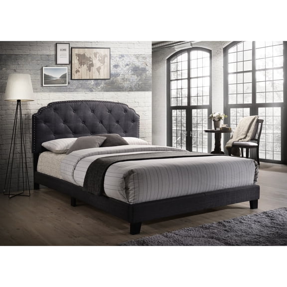 Queen Size Gray Fabric Bed With Tufting And Strong Construction Padding Stable Legs