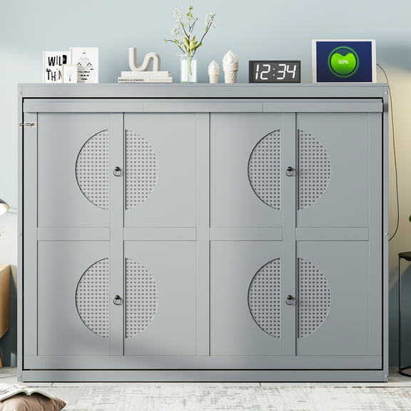 Queen Size Gray Murphy Wall Bed - Space-Saving Cabinet Bed for Studio Apartment, Home Office, Guest Room - Durable MDF & Plywood, No Box Spring Needed