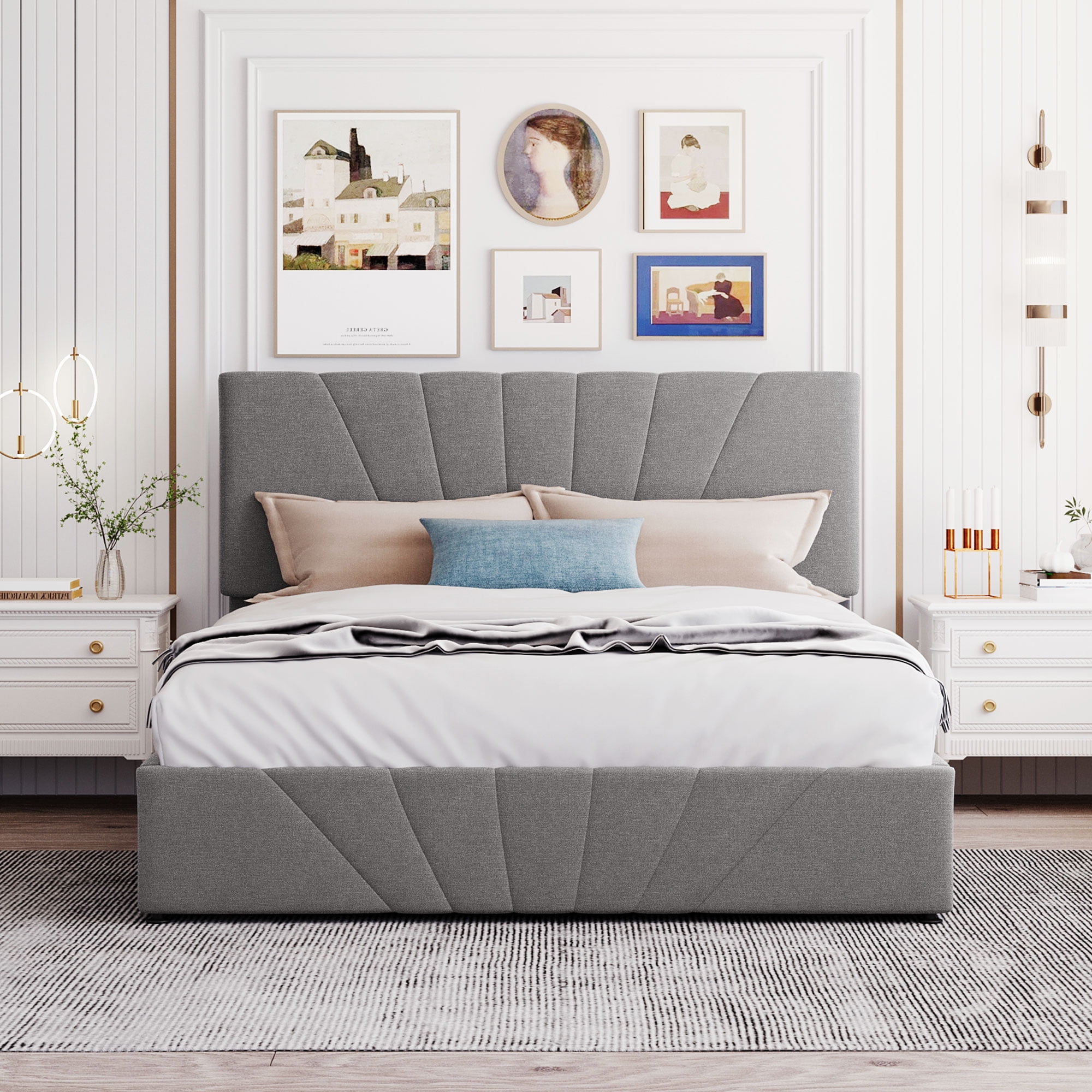 Queen Size Gray Storage Bed, BTMWAY Queen Size Platform Bed with ...