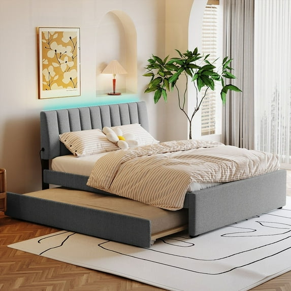 Gray Teddy Fleece Queen Size Upholstered Platform Bed - Lasting & Romantic