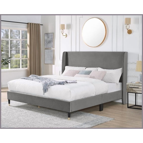 Queen Size Gray Velvet Platform Bed - No Box Spring Required, Plywood Frame for Master & Guest Rooms