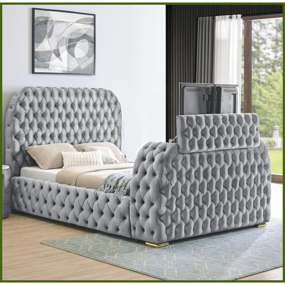 Queen Size Gray Velvet Upholstered Bed with Built-in Electric Fireplace & TV Lift for Master Bedroom