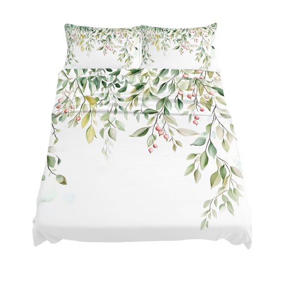Queen Size Green Eucalyptus Sheet Sets Leaf Red Fruit Watercolor Nature Plant Soft Breathable Microfiber Bed Sheets Deep Pockets 4 Piece Bed Sheets Set, 1 Fitted Sheet, 1 Flat Sheet & 2 Pillowcases