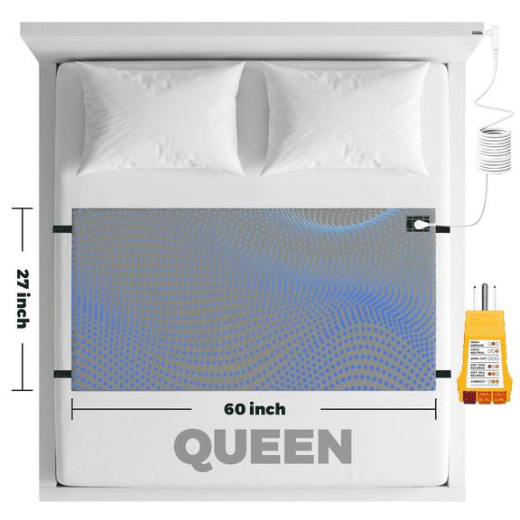 Queen Size Grounding Mat for Bed, 27"x60" Earthing Grounding Sheet with 10% Silver Fiber & 90% Cotton, Earth Connected Sleep Mat with Outlet Tester & Grounding Cord