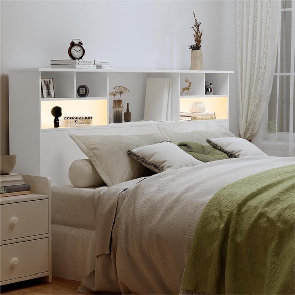 Queen Size Headboard Only for Bedroom, Wood Bookcase Headboard | Headboard with Charging Station & 2 LED Lights, Headboards for Queen Size Bed, Noise-free HeadBoard with Storage, White