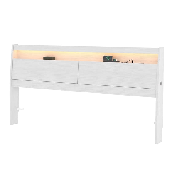 Queen Size Headboard with LED Lights, Storage Cabinet & Built-in Charging Station, Modern Wooden Headboard with Baseboard Groove Design, Easy Assembly