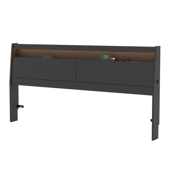 Queen Size Headboard with LED Lights, Storage Cabinet & Built-in Charging Station, Modern Wooden Headboard with Baseboard Groove Design, Easy Assembly