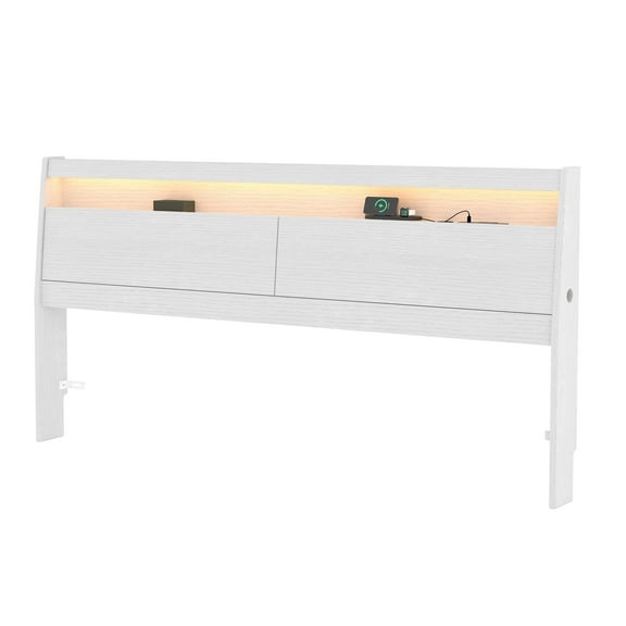 Queen Size Headboard with LED Lights, Storage Cabinet & Built-in Charging Station, Modern Wooden Headboard with Baseboard Groove Design, Easy Assembly