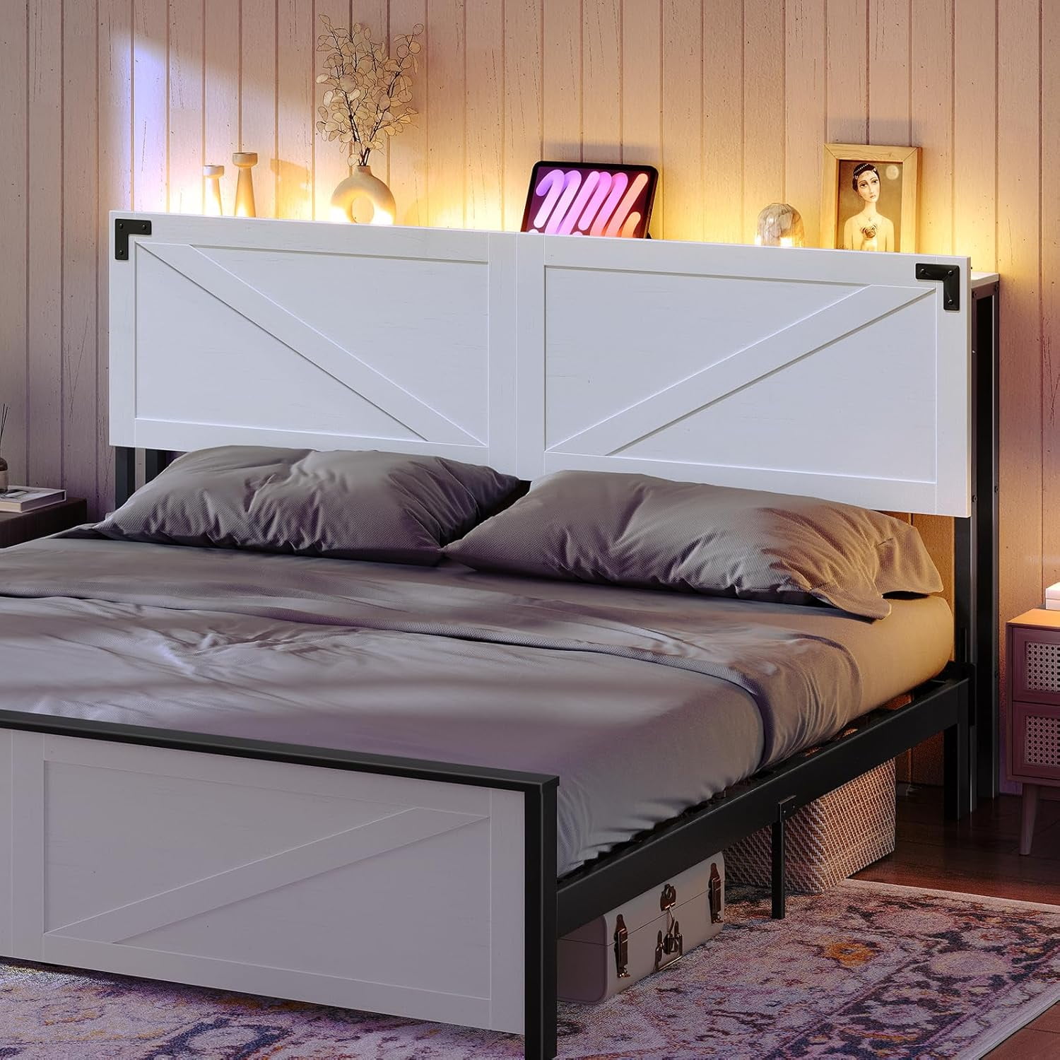 Queen Size Headboard Only, Headboard with 2 Outlets and 4 USB Ports, Farmhouse Headboard, with