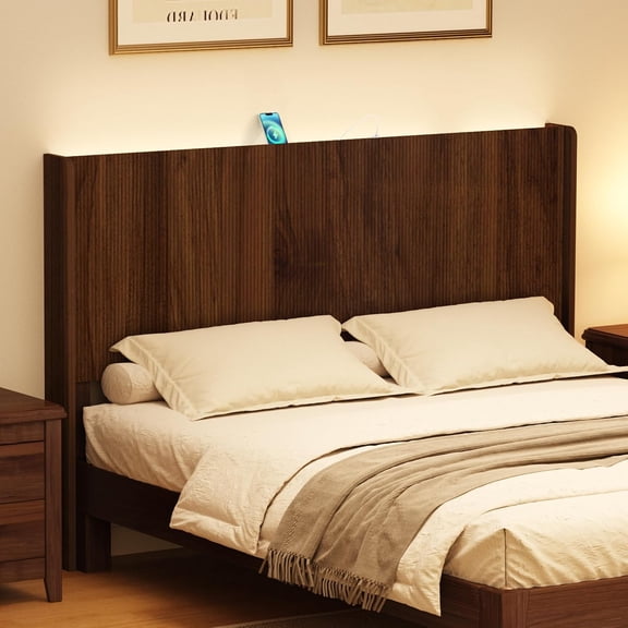 Queen Size Headboard Only, Modern Fluted Headboard with Lighting&Power Outlets, Wall Mounted Head Board with Storage, Anti-Tip Kit, Height Adjustable, Walnut Brown