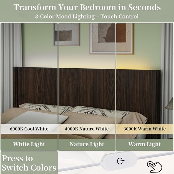 Queen Size Headboard Only, Modern Fluted Wall-Mounted Head Board with Lighting, Boho Wood Bed headboard Stylish Bedroom Decor, Espresso$$Home Decor, Kitchen, & Other