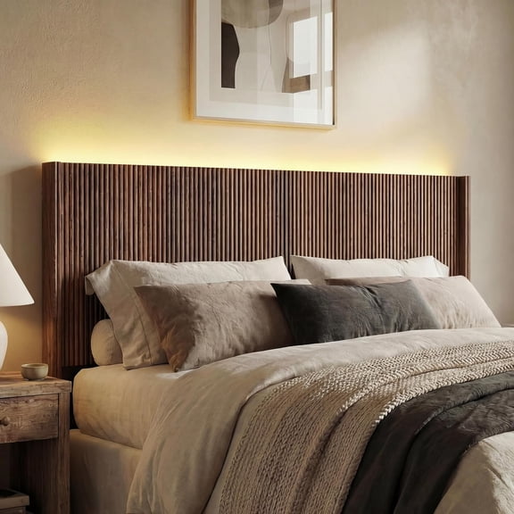 Queen Size Headboard Only, Modern Fluted Wall-Mounted Head Board with Lighting, Boho Wood Bed headboard Stylish Bedroom Decor, Espresso